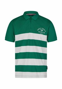Polo en coton vert avec des rayures horizontales blanches, manches courtes et col zippé. Présente le logo "Paris France Hechter 1962".