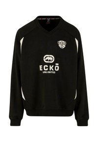 Juodas džemperis su V formos kaklu, baltomis akcentų juostomis, su ECKŌ UNLIMITED logotipu ir stilizuota gyvūno grafika centre.