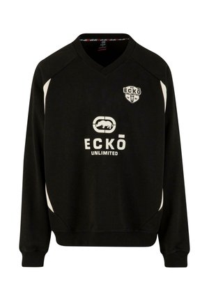 Black sweatshirt with V-neck, white accent panels, featuring ECKŌ UNLIMITED logo and a stylized animal graphic in the center.