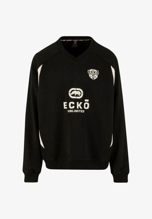 Black sweatshirt with V-neck, white accent panels, featuring ECKŌ UNLIMITED logo and a stylized animal graphic in the center.