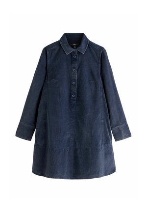 Jeanskleid mit langen Ärmeln, dunkelblauer Farbe und einer durchgehenden Knopfleiste. Verfügt über einen Kragen, zwei Seitentaschen und einen geraden Schnitt.