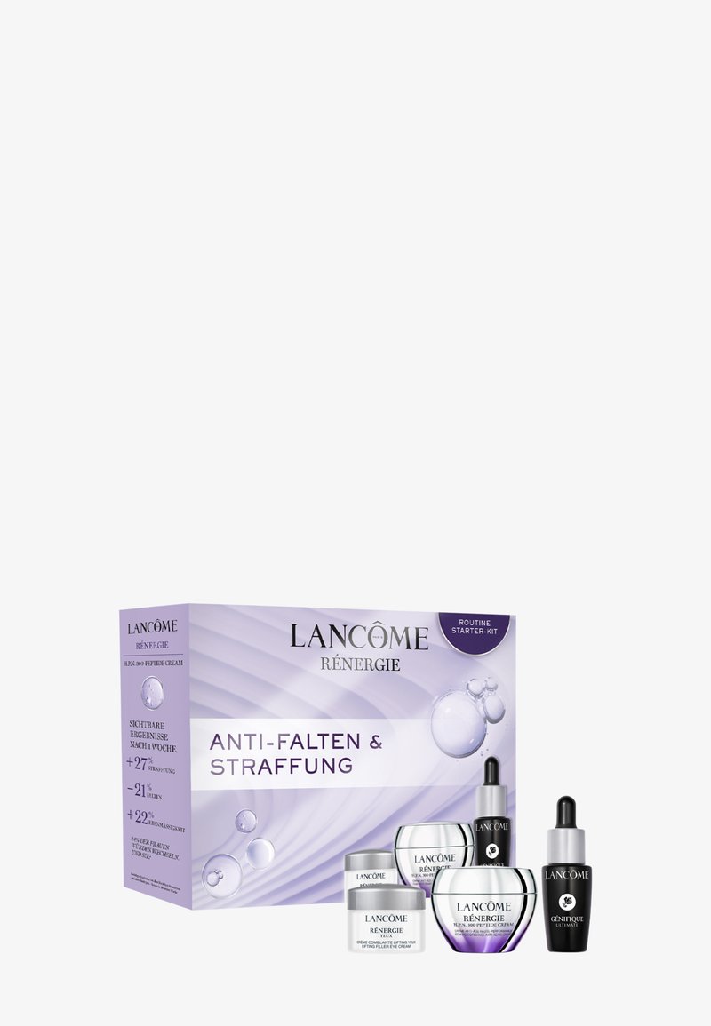 Coffret soin anti-rides et raffermissant Lancôme Rénergie avec crèmes et sérums dans un emballage violet et argenté.