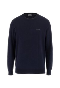 Maglione lavorato a maglia blu navy con collo a giro, maniche lunghe, polsini e orlo a coste, con il logo "GUESS" ricamato minimalmente sul petto.