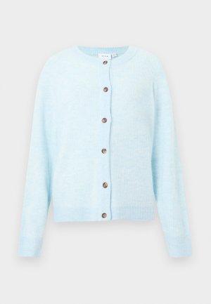 Svijetloplava rebrasta pletiva kardigan s dugim rukavima i okruglim izrezom, sadrži sedam smeškastih dugmadi sprijeda.