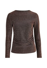 Maglione a maniche lunghe di colore marrone scuro con una finitura metallica testurizzata. Presenta un collo a barca e dettagli arricciati sui lati.