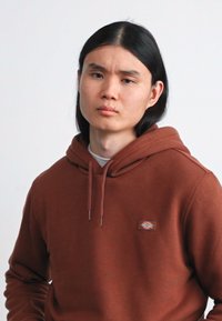 Brown hoodie made of soft fabric, featuring a front pocket, a drawstring hood, and a small logo patch on the chest.