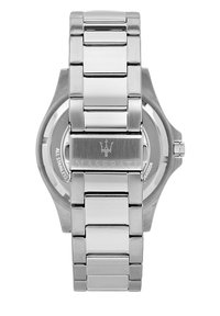 Orologio in acciaio inossidabile con bracciale a maglie lucido, cassa rotonda e nome del marchio incisa. Caratterizzato da una finitura metallica e un design del quadrante semplice.