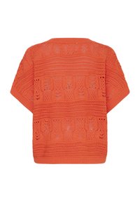 Top naranja de manga corta tejido con patrones intrincados de calado y texturizados, con cuello, mangas y dobladillo acanalados.