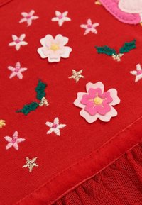 Röd tyg med broderade och applikationer av blommor, stjärnor och mistel. Har rosa, vita och gröna detaljer, med ett fransat kantnedsatta nederst.