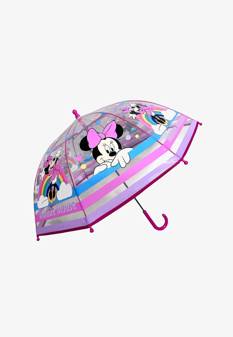 Clear children's umbrella featuring a pink and purple design, with Minnie Mouse illustrations, polka dots, and a colorful rainbow pattern.