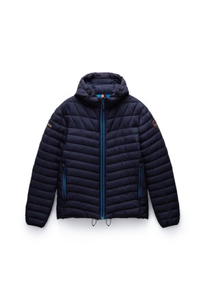 Marineblå quiltet jakke med hætte, lynlås foran, lynlåslommer i siderne og justerbare snore i kant og hætte.