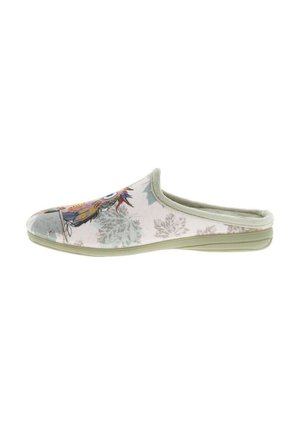 Pantoufle en mélange de laine à enfiler avec un motif de hibou, fond rose clair, semelle verte, dessus doux et texturé, et bord rembourré pour le confort.
