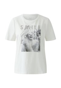 Wit katoenen T-shirt met een zwart-witte grafische print van een glimlachend gezicht, versierd met strass-steentjes die "SMILE" spellen. Korte mouwen.