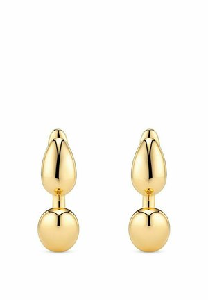 Guldmetallörhängen med en tårformad topp och en rund form nedanför, båda med en glänsande, reflekterande yta.