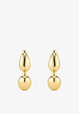 Guldmetallörhängen med en tårformad topp och en rund form nedanför, båda med en glänsande, reflekterande yta.