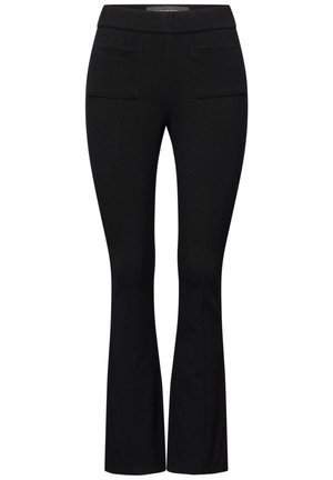 Pantaloni neri a campana realizzati in un tessuto elasticizzato, con una vita larga e due tasche frontali, dal tocco morbido e cuciture rifinite.