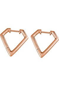 Orecchini ad anello triangolari in metallo rosa con un design geometrico e superficie liscia e lucida. Leggeri e dotati di chiusura sicura.