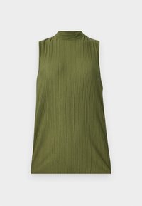 Haut sans manches vert olive côtelé avec col montant et texture verticale, présenté à plat sur un fond clair.