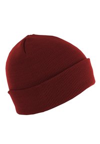 Bonnet tricoté en rouge foncé avec un revers. Texture lisse avec un ajustement serré, adapté aux temps froids.