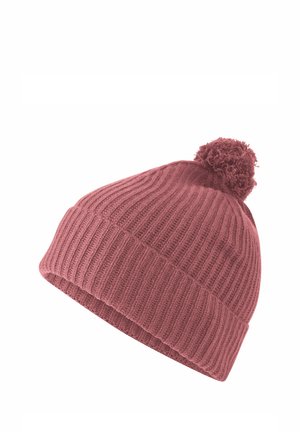 Roze gebreide beanie met een geribbelde textuur en een pompon accent bovenop. De stof lijkt zacht en warm.