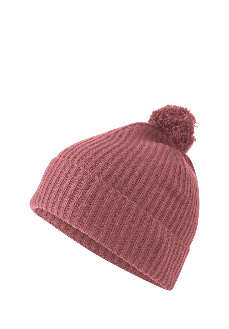 Berretto lavorato a maglia color rosa con una texture a coste e un pompon decorativo in cima. Il tessuto sembra morbido e caldo.