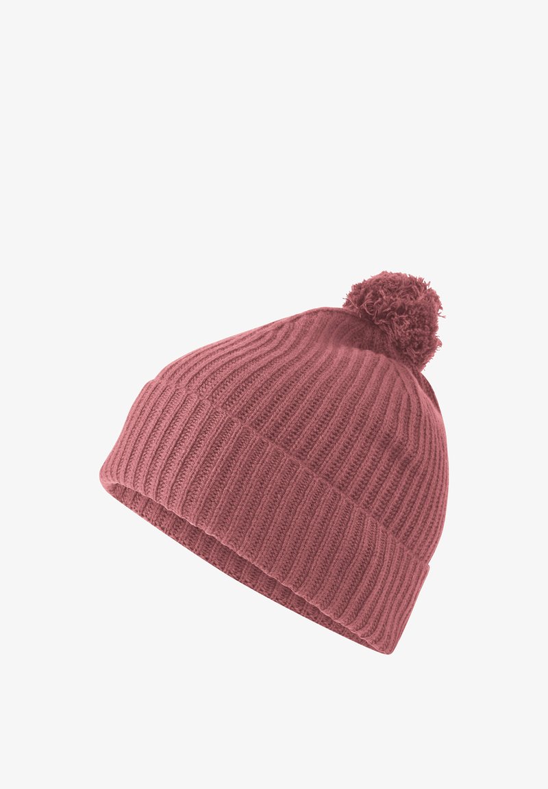 Berretto lavorato a maglia color rosa con una texture a coste e un pompon decorativo in cima. Il tessuto sembra morbido e caldo.
