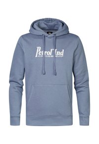 Modrá bavlněná mikina s kapucí, přední kapsou a stahovací šňůrkou, s bílým nápisem "Petrol Ind" přes hrudník. Hladká textura, ležérní design.