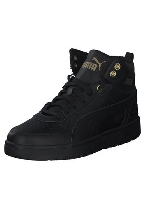 Sneaker alte nere con tomaia in pelle liscia, punta perforata, dettagli dorati e colletto imbottito per il supporto.