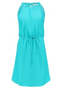 Robe turquoise sans manches avec encolure froncée et fine ceinture à la taille, ourlet longueur genou, fermeture bouton avec ouverture dans le dos.