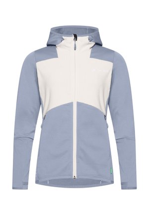 Giacca leggera con cappuccio, caratterizzata da una combinazione di colori grigia e bianco sporco, chiusura con zip frontale, tessuto testurizzato e tasche laterali.