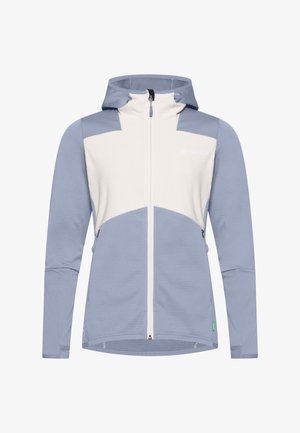 Giacca leggera con cappuccio, caratterizzata da una combinazione di colori grigia e bianco sporco, chiusura con zip frontale, tessuto testurizzato e tasche laterali.