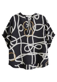 Blusa navy con motivo a corda bianca e dettagli a cerchio dorato, maniche corte e scollatura a V profonda. Tessuto morbido con vestibilità comoda.