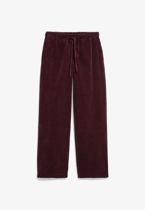 Bordeaux corduroy broek, met een elastische tailleband en een trekkoord, twee zakken en een rechte pijp. Zachte textuur.