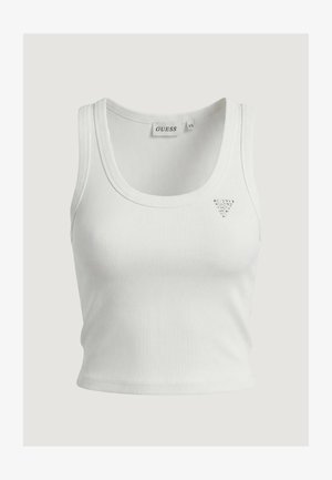 Top corto bianco a costine con scollatura a girocollo, etichetta del marchio Guess e piccolo logo triangolare con strass sul petto sinistro.