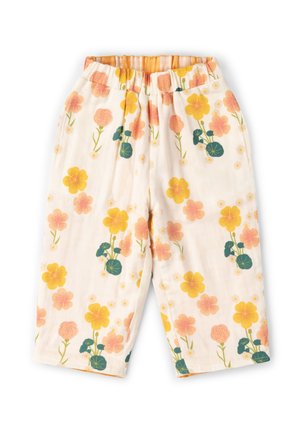 Children's cream pants with elastic waistband, decorated with yellow and peach floral patterns and green leaves.