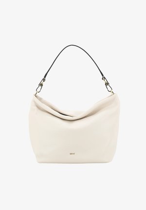 Borsa a spalla in pelle color crema morbida con design morbido, tracolla nera con componenti dorati e piccolo logo dorato del marchio sul davanti.