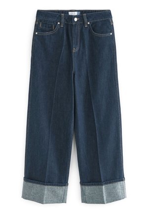 Weit geschnittene dunkelblaue Jeans mit umgeschlagenen Säumen, vorderem Knopf- und Reißverschluss sowie klassischem Fünf-Taschen-Design.