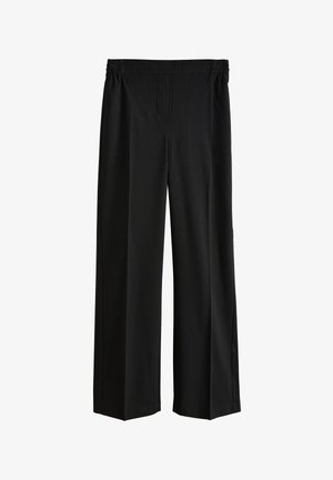 Pantalon noir à jambes larges avec taille élastique, coupe droite, sans poches ni ornements visibles.