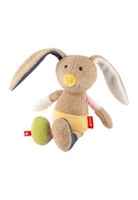 Soft fabric bunny toy with corduroy texture. Features beige body, yellow belly, patterned ears, and colorful accents on arms and feet. Red tag.