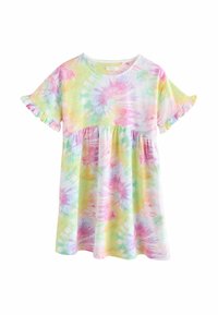Pamučna haljina s tie-dye uzorkom u pastelnim ružičastim, zelenim i žutim nijansama. Okrugli izrez, volanasti kratki rukavi i lepršavi kroj.