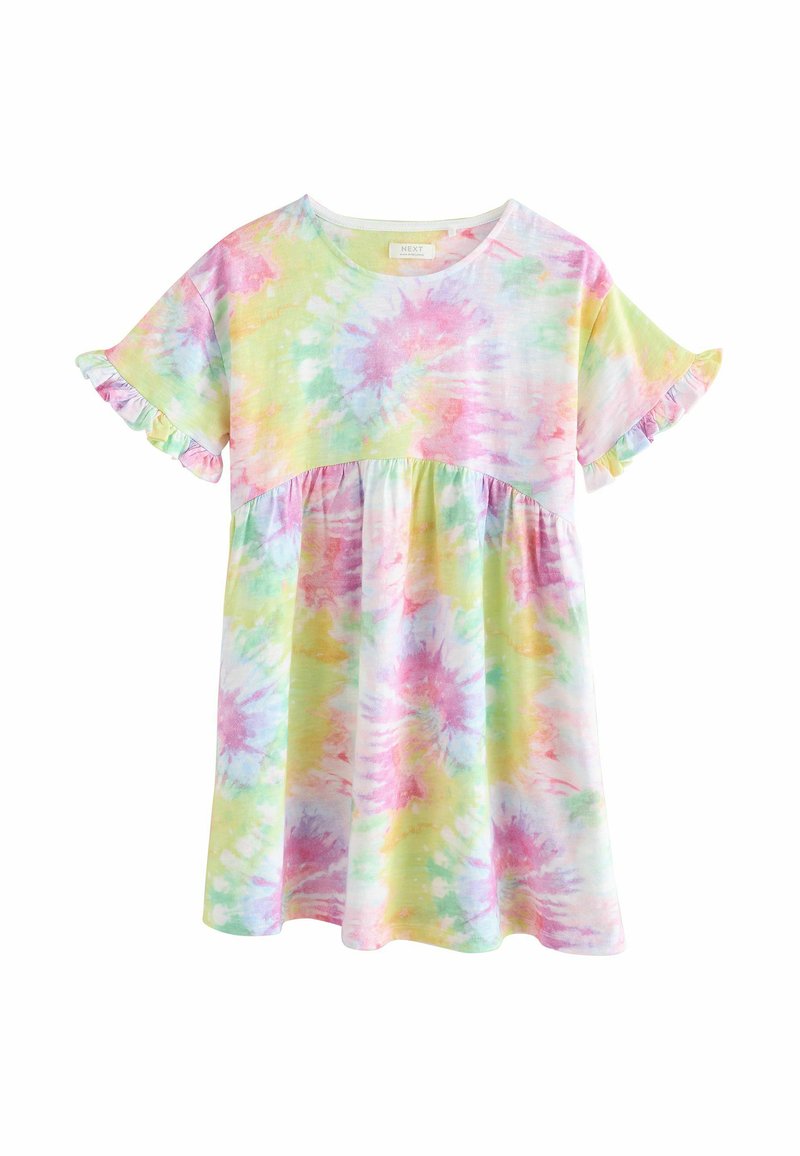 Pamučna haljina s tie-dye uzorkom u pastelnim ružičastim, zelenim i žutim nijansama. Okrugli izrez, volanasti kratki rukavi i lepršavi kroj.