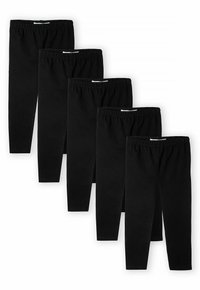 Leggings en coton noir, extensibles avec une taille élastique, disposés en rangée. Chaque paire semble identique en design et en longueur.