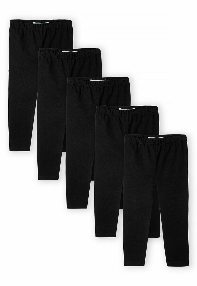 Leggings en coton noir, extensibles avec une taille élastique, disposés en rangée. Chaque paire semble identique en design et en longueur.