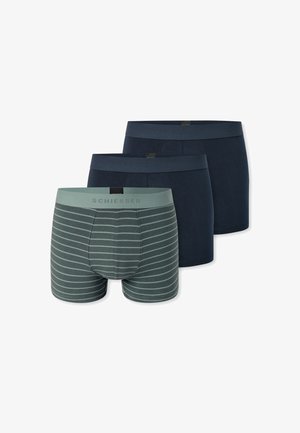 Bóxer de hombre en tonalidades azul marino y verde. Uno presenta finas rayas verticales. Tejido suave con cinturillas elásticas.