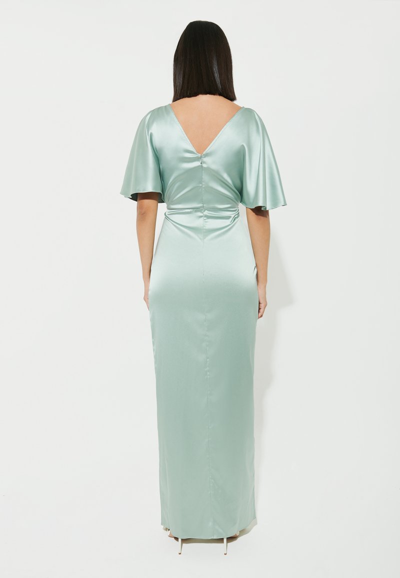 princess polly baby blue dress ONE-SHOULDER DRESS WITH DETACHABLE FLORAL CAPE IN PETROL | CULT MIA main image 1