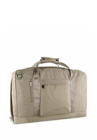 Sac polochon beige en tissu durable, doté de deux poignées, d'une poche avant zippée et d'un marquage discret sur le côté.