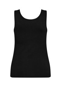 Sort ærmeløs tanktop lavet af blødt stof, med en rund halsudskæring og en glat tekstur, uden synlige mønstre eller accenter.