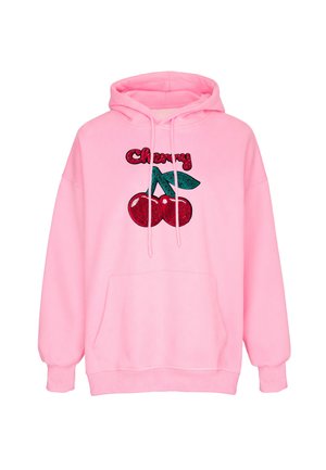 Lyserød hættetrøje med forlomme, snore og et paliet-kirsebærdesign samt ordet "Cherry" på brystet.