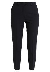 Mustat räätälöidyt housut, jotka on valmistettu kudotusta kankaasta, jossa on sileä pinta. Ominaisuuksiin kuuluu tasainen etuosa, sivutaskut ja kapea istuvuus.