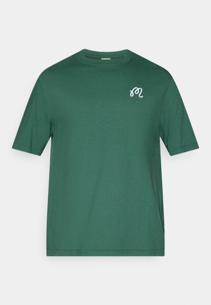 Green cotton t-shirt with short sleeves, a round neckline, and a small white embroidered logo on the left chest. Smooth texture.